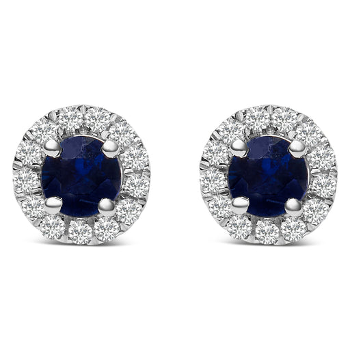 Bids.com 10K White Gold 3.25mm x 3.25mm Round Blue Sapphire and 1/10 Cttw Diamond Halo Stud Earrings (I-J Color, I1-I2 Clarity) Earrings