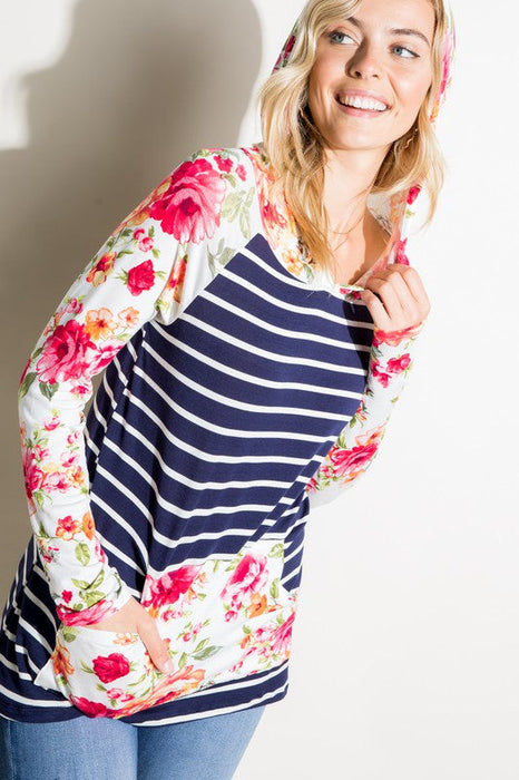 STRIPE FLORAL MIX HOODIE TOP