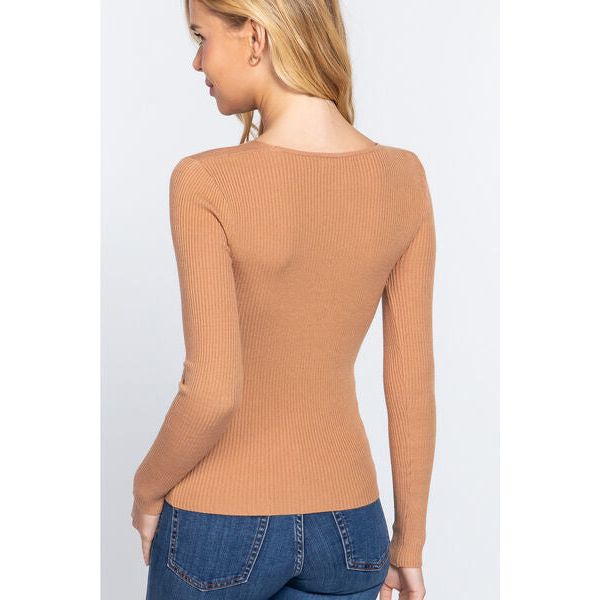 ACTIVE BASIC V-Neck Fitted Viscose Rib Knit Top