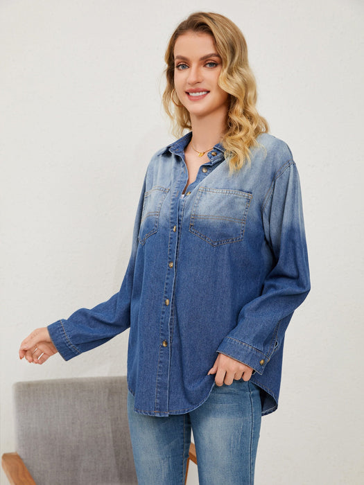 Pocketed Button Up Dropped Shoulder Denim Jacket