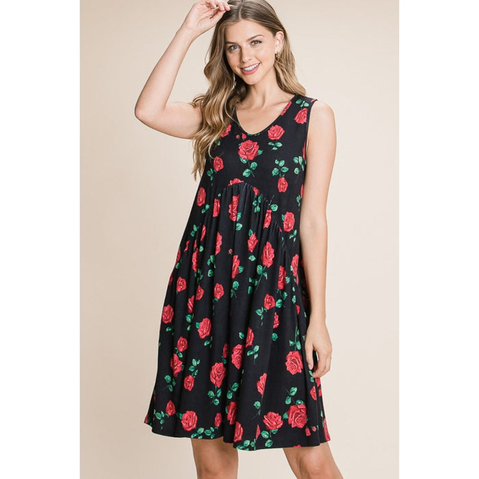 BOMBOM Floral Ruched Tank Dress