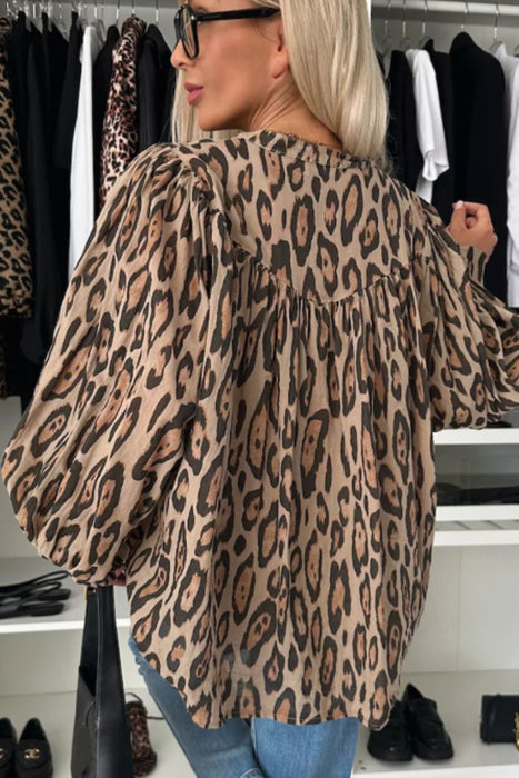 Leopard Notched Long Sleeve Blouse