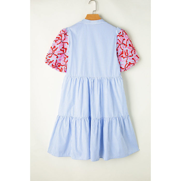 Embroidered Striped Notched Short Sleeve Dress