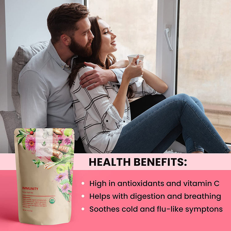 Gardenika Shop Immune Defense Loose Tea, Daily Wellness Support - Ayurvedic Blend with Echinacea & Ashwagandha - Herbal & Caffeine Free - Organic & Kosher Loose Leaf Tea