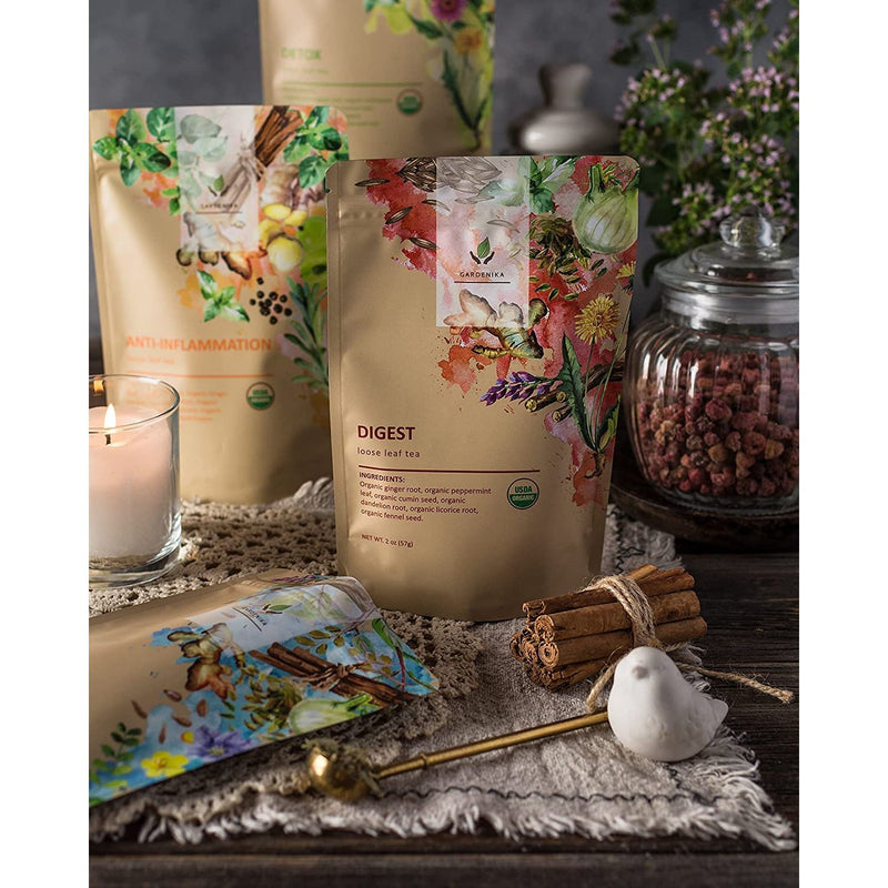 Gardenika Shop Organic Loose Leaf Tea Sampler, Caffeine-Free Herbal Assortment, 120+ Cups – 5 Pack Loose Leaf Tea Sampler