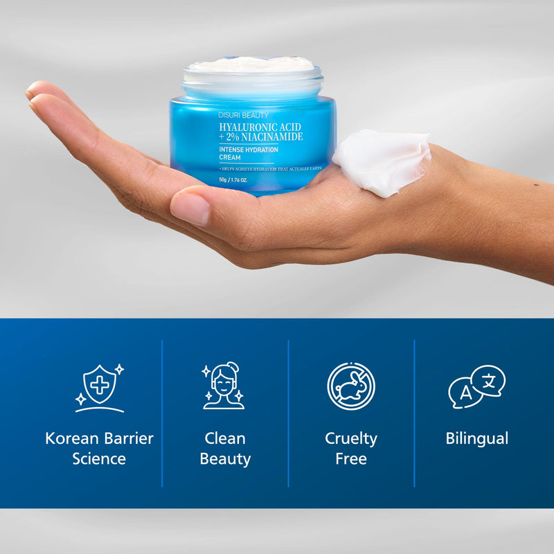 DISURI BEAUTY DISURI Hyaluronic Acid Intense Hydration Cream – Korean Barrier-Boosting Moisturizer with Triple HA + 2% Niacinamide Face Moisturizer