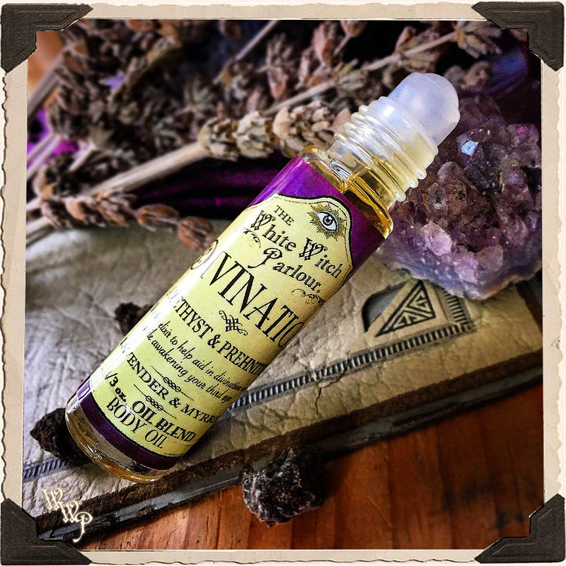 WhiteWitchParlour.com DIVINATION Elixir BODY OIL Rollon. Scent of Lavender, Myrrh. Blessed by Amethyst, Prehnite Crystals. aromatherapy, perfume, oils