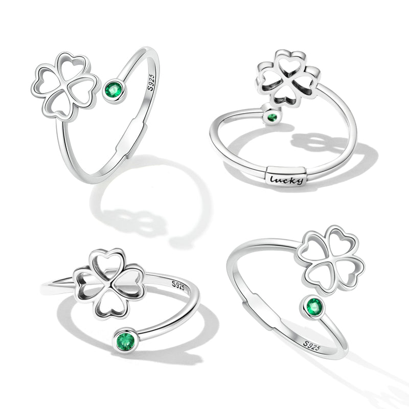Bids.com 925 Sterling Silver Four-Leaf Clover Ring with Pavé CZ - 0.15cm Width Rings