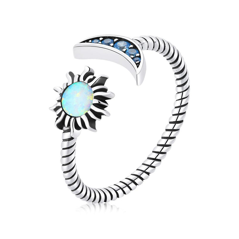 Bids.com 925 Sterling Silver Oxidized Silver Pavé Setting CZ Translucent Opal Ring Rings
