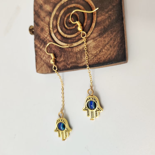 Long Chain Gold Hamsa Fatima Hand Protection Evil Eye Tassel Hand Drop Earring