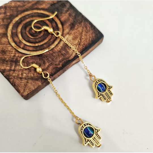 Long Chain Gold Hamsa Fatima Hand Protection Evil Eye Tassel Hand Drop Earring