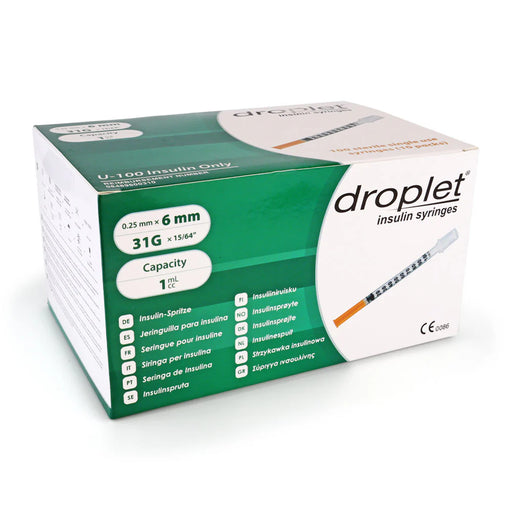 droplet Droplet® U-100 Insulin Syringes, 31 Gauge x 6mm Needle, 0.5mL (50 Unit) Capacity, Box of 100 Medical Needles & Syringes