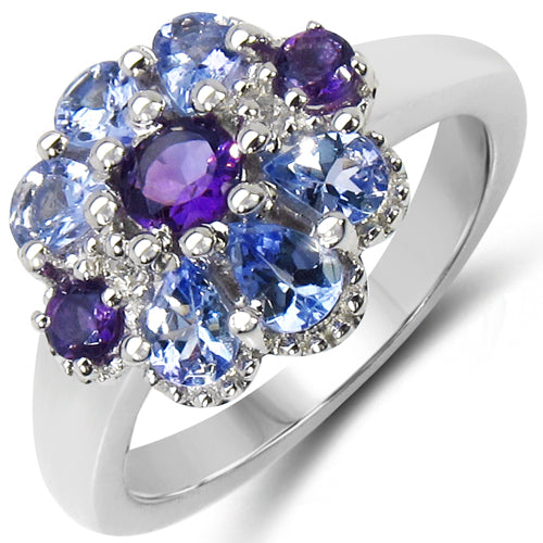 Bids.com 1.25 Carat Genuine Tanzanite, Amethyst & White Topaz .925 Sterling Silver Ring Rings