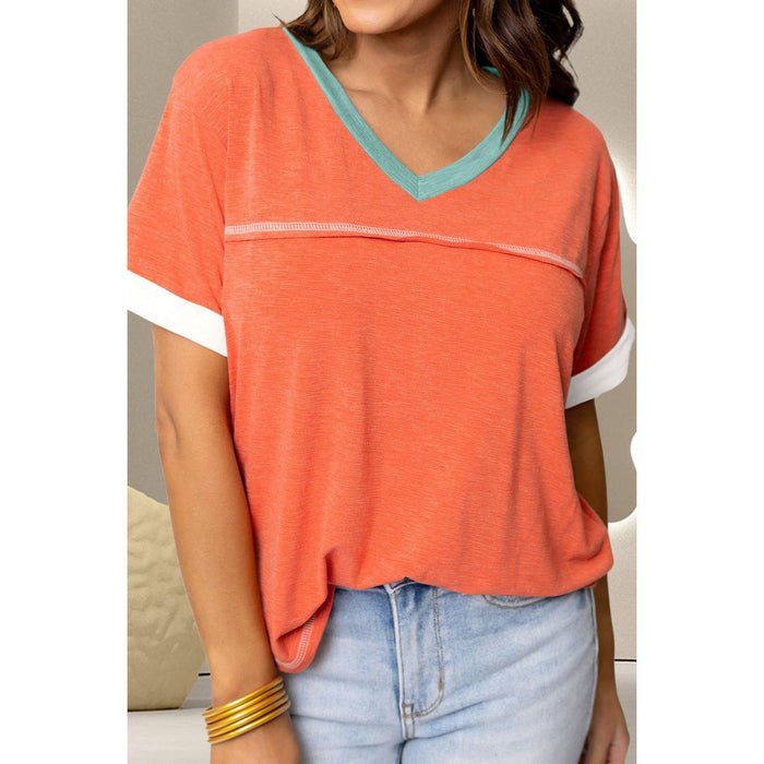 Color Block V-Neck Short Sleeve T-Shirt