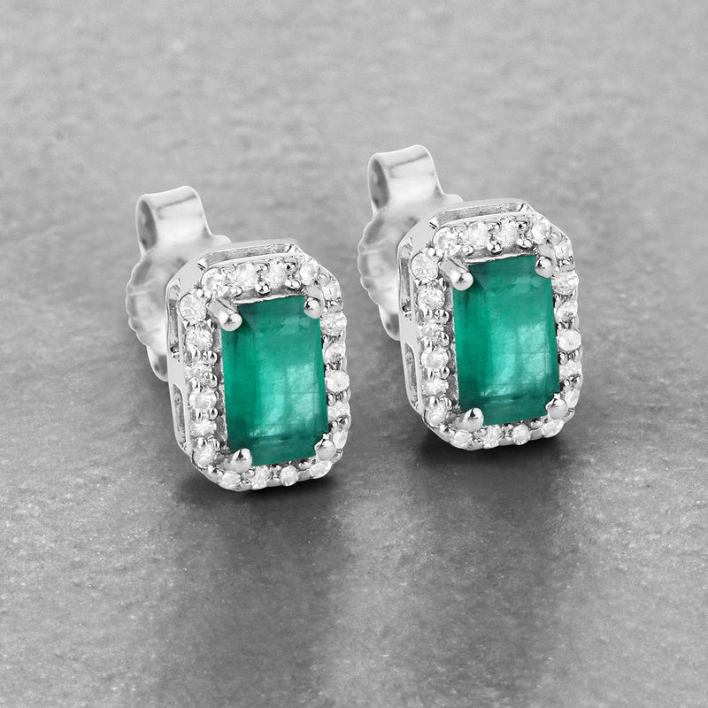 Bids.com 0.91 Carat Genuine Zambian Emerald and White Diamond 14K White Gold Earrings Earrings