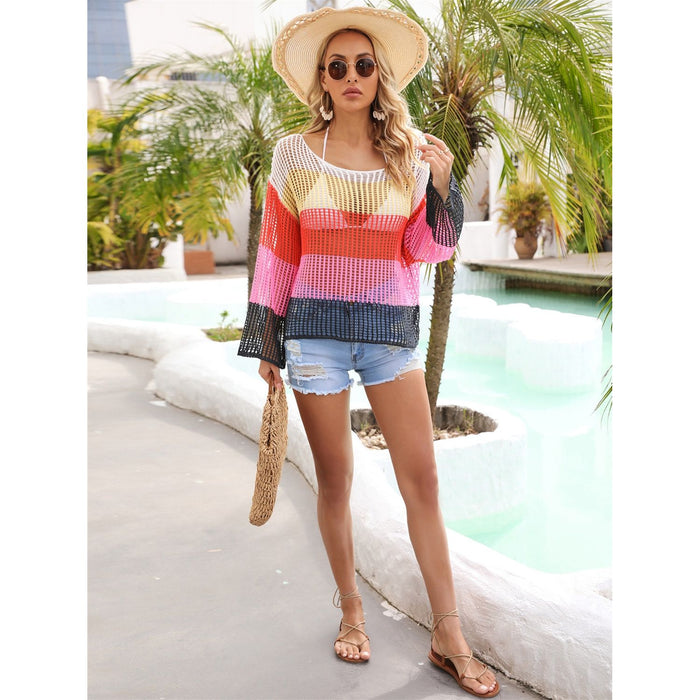 Color Block Openwork Boat Neck Cover Up