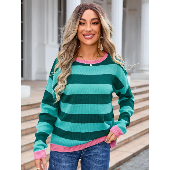 Striped Round Neck Dropped Shoulder Sweater