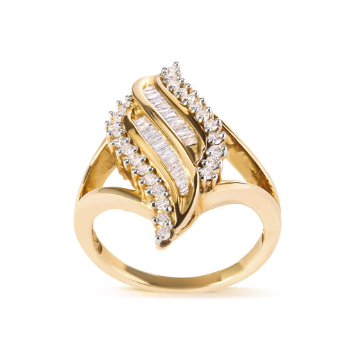 Bids.com 10K Yellow Gold 1/2 Cttw Round and Baguette Cut Diamond Cocktail Ring (H-I Color, I1-I2 Clarity) Rings