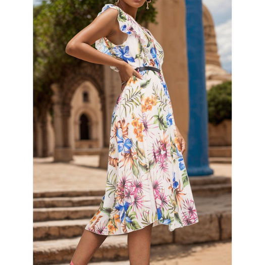 Ruffled Printed Surplice Cap Sleeve Dress