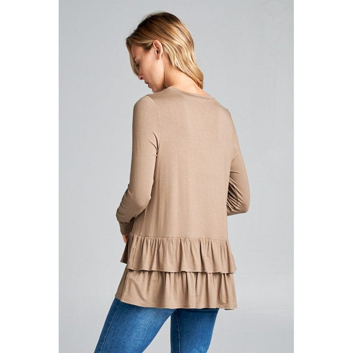 RUFFLE BOTTOM LONG SLEEVE ROUND NECK TUNIC TOP