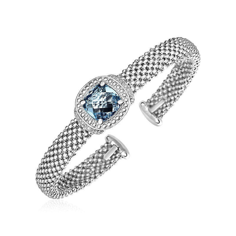 Bids.com Popcorn Texture Cuff Bangle with Blue Topaz and Diamonds in Sterling Silver Bracelets