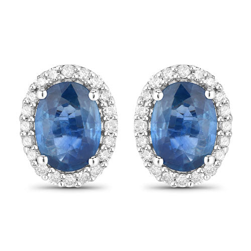 Bids.com 2.16 Carat Genuine Blue Sapphire and White Diamond 14K White Gold Earrings Earrings