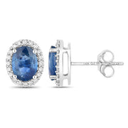 Bids.com 2.16 Carat Genuine Blue Sapphire and White Diamond 14K White Gold Earrings Earrings