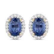 Bids.com 2.16 Carat Genuine Blue Sapphire and White Diamond 14K Yellow Gold Earrings Earrings