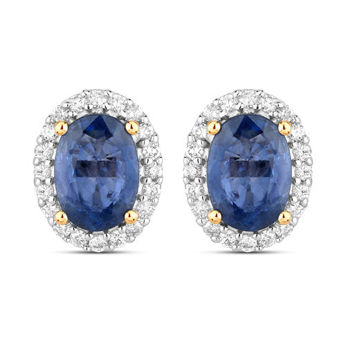 Bids.com 2.16 Carat Genuine Blue Sapphire and White Diamond 14K Yellow Gold Earrings Earrings