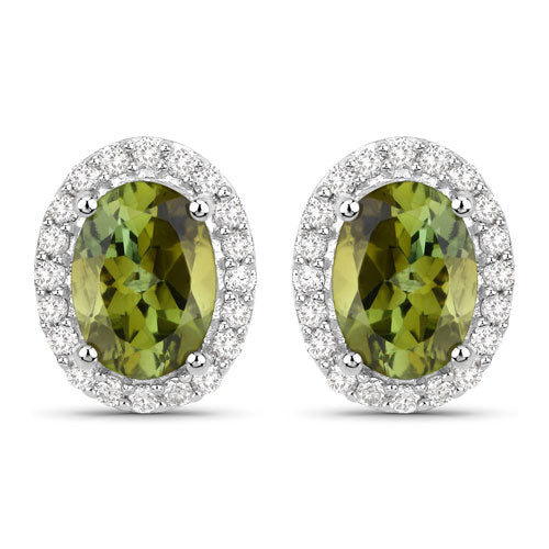 Bids.com 1.92 Carat Genuine Green Tourmaline and White Diamond 14K White Gold Earrings Earrings