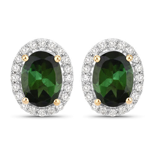 Bids.com 1.92 Carat Genuine Green Tourmaline and White Diamond 14K Yellow Gold Earrings Earrings