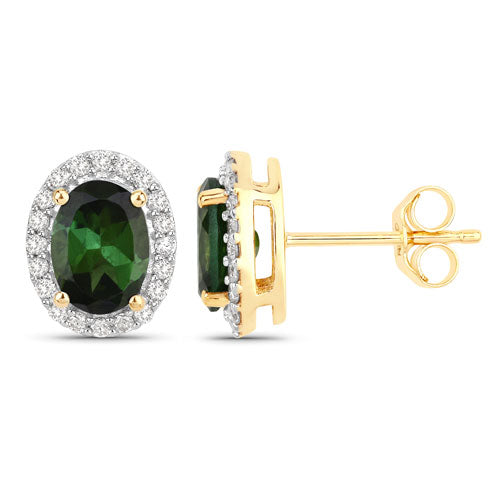 Bids.com 1.92 Carat Genuine Green Tourmaline and White Diamond 14K Yellow Gold Earrings Earrings