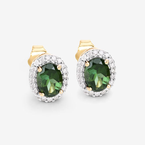 Bids.com 1.92 Carat Genuine Green Tourmaline and White Diamond 14K Yellow Gold Earrings Earrings