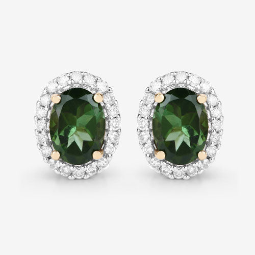 Bids.com 1.92 Carat Genuine Green Tourmaline and White Diamond 14K Yellow Gold Earrings Earrings