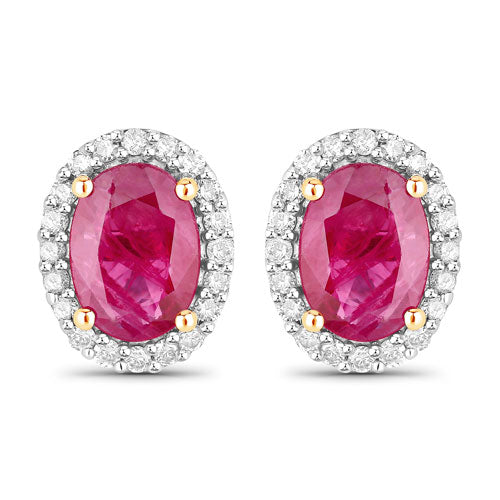 Bids.com 1.96 Carat Genuine Ruby and White Diamond 14K Yellow Gold Earrings Earrings