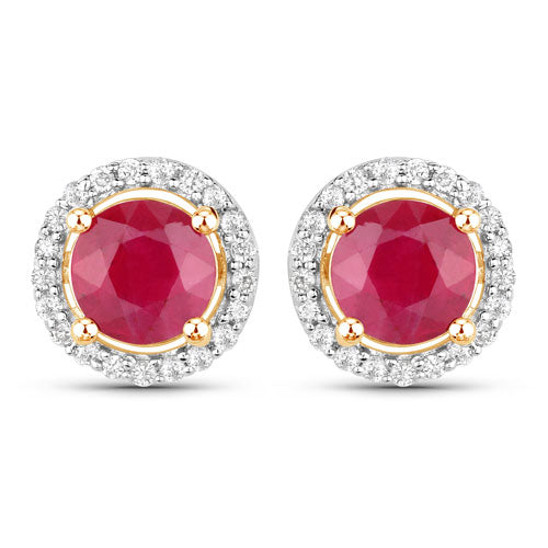 Bids.com 1.22 Carat Genuine Ruby and White Diamond 14K Yellow Gold Earrings Earrings
