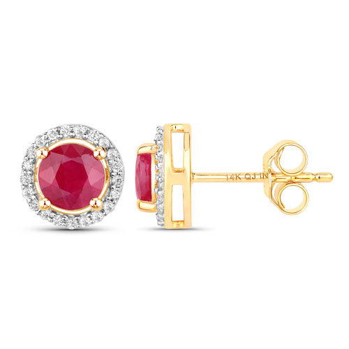 Bids.com 1.22 Carat Genuine Ruby and White Diamond 14K Yellow Gold Earrings Earrings