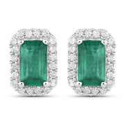 Bids.com 0.91 Carat Genuine Zambian Emerald and White Diamond 14K White Gold Earrings Earrings