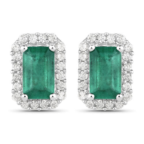 Bids.com 0.91 Carat Genuine Zambian Emerald and White Diamond 14K White Gold Earrings Earrings