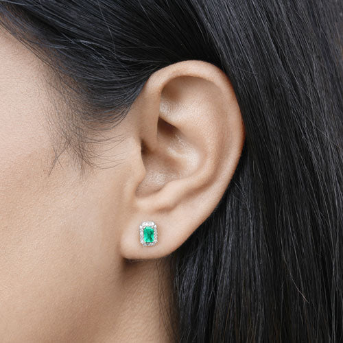 Bids.com 0.91 Carat Genuine Zambian Emerald and White Diamond 14K White Gold Earrings Earrings