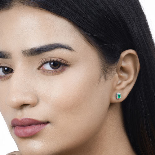 Bids.com 0.91 Carat Genuine Zambian Emerald and White Diamond 14K White Gold Earrings Earrings