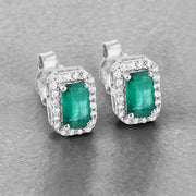 Bids.com 0.91 Carat Genuine Zambian Emerald and White Diamond 14K White Gold Earrings Earrings