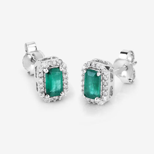 Bids.com 0.91 Carat Genuine Zambian Emerald and White Diamond 14K White Gold Earrings Earrings