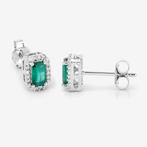 Bids.com 0.91 Carat Genuine Zambian Emerald and White Diamond 14K White Gold Earrings Earrings