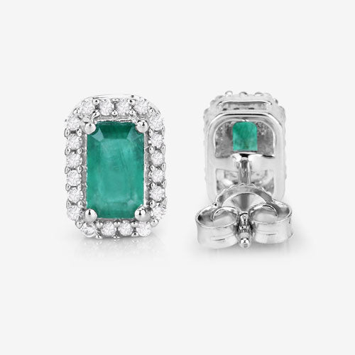 Bids.com 0.91 Carat Genuine Zambian Emerald and White Diamond 14K White Gold Earrings Earrings