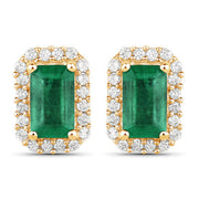 Bids.com 0.91 Carat Genuine Zambian Emerald and White Diamond 14K Yellow Gold Earrings Earrings