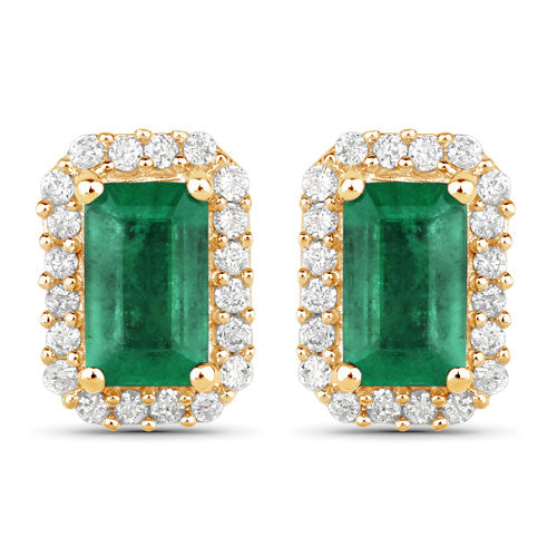 Bids.com 0.91 Carat Genuine Zambian Emerald and White Diamond 14K Yellow Gold Earrings Earrings
