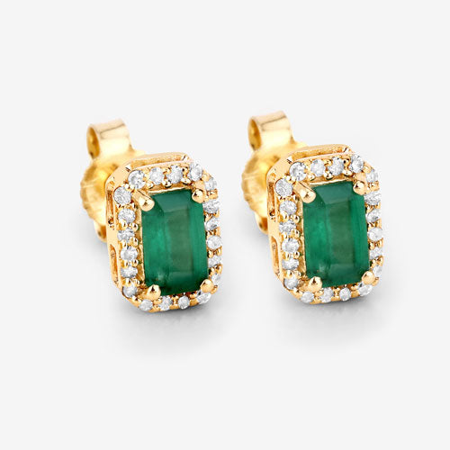 Bids.com 0.91 Carat Genuine Zambian Emerald and White Diamond 14K Yellow Gold Earrings Earrings