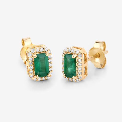 Bids.com 0.91 Carat Genuine Zambian Emerald and White Diamond 14K Yellow Gold Earrings Earrings