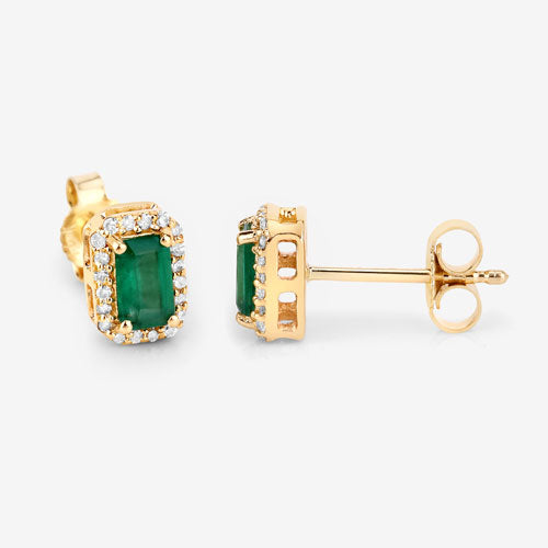 Bids.com 0.91 Carat Genuine Zambian Emerald and White Diamond 14K Yellow Gold Earrings Earrings